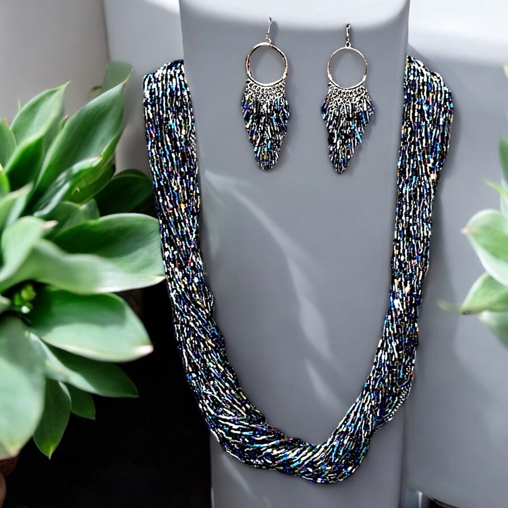 Multi-Strand Iridescent Beads Layered Necklace & Earrings Set